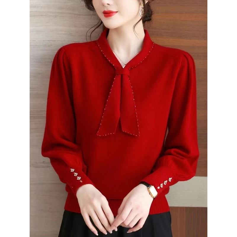 YS#时尚气质百搭毛衣女装秋季洋气显瘦蝴蝶结接长袖针织DY7286