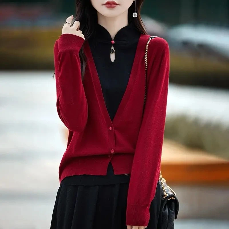 YS#假两件中国风洋气针织衫毛衣女秋季气质套头长袖打底衫DY7290