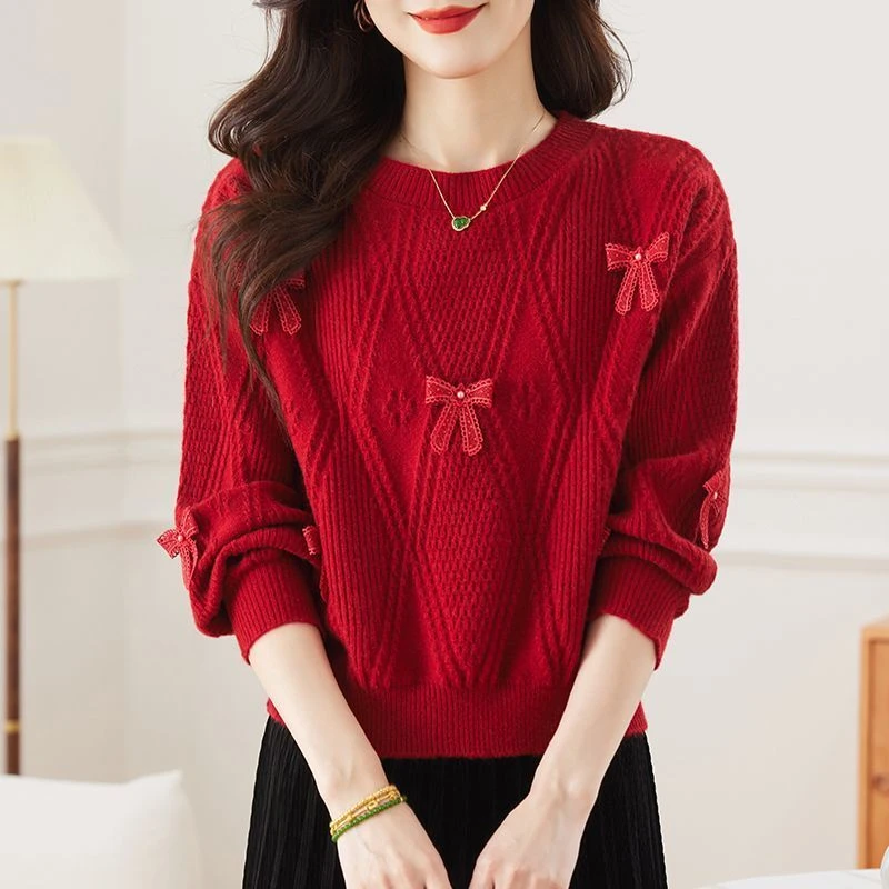 YS#长袖圆领蝴蝶结打底毛衣女秋冬新款针织洋气宽松上衣DY11331