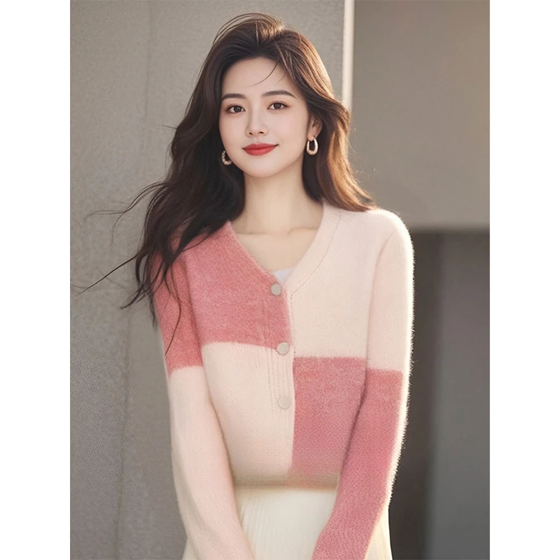 YS#撞色针织开衫女秋新款拼接毛衣外套短款减龄显瘦上衣DY10811