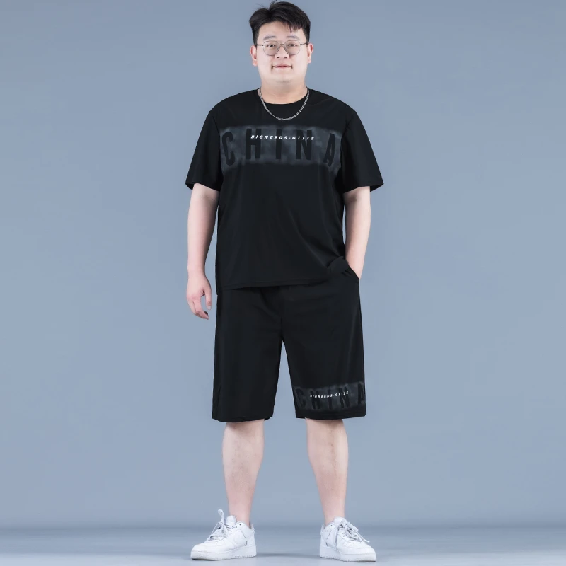 大码男装夏季冰丝宽松休闲套装加肥加大运动男装时尚薄款短袖套装