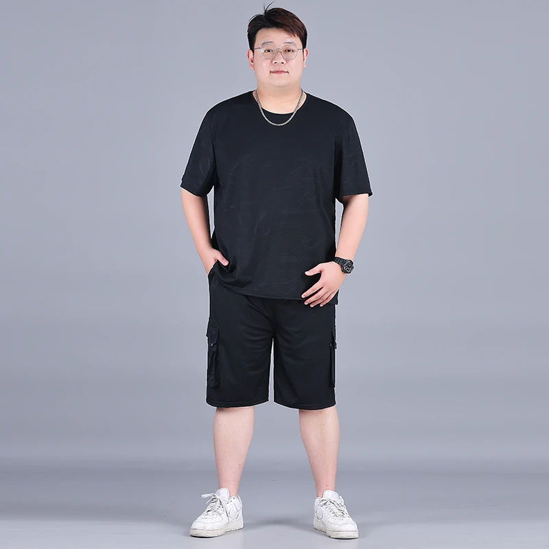 大码冰丝套装男士时尚短袖夏季薄款速干宽松潮流大码男装两件套潮