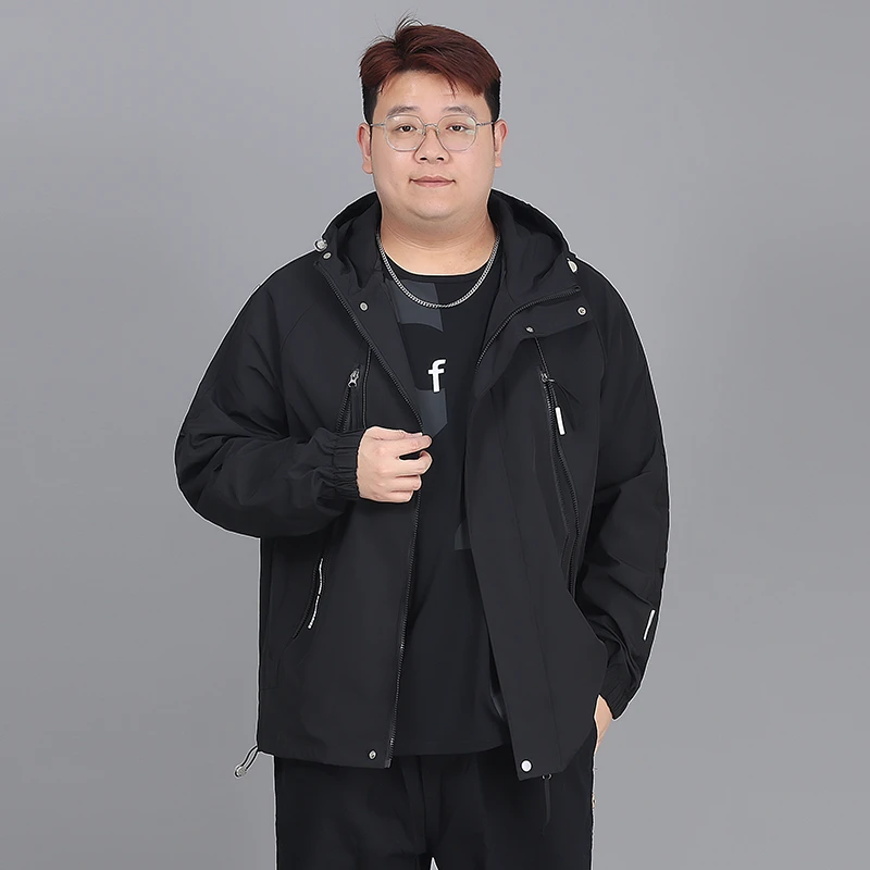 男士大码连帽百搭宽松夹克纯色简约户外防风防水外套休闲男加大码