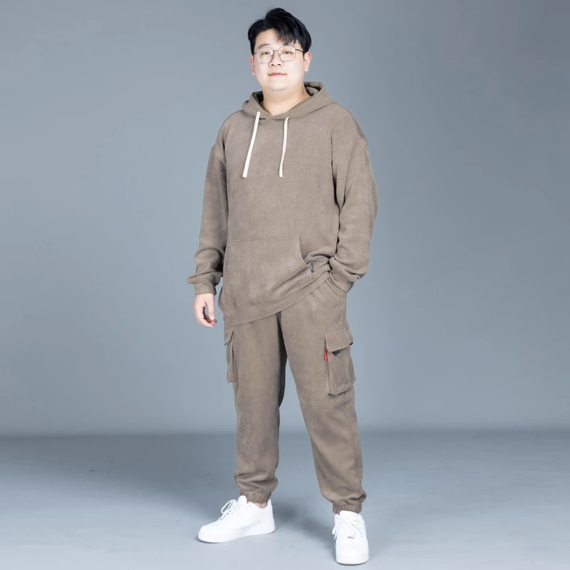 【大码男装套装】秋季华夫格加肥加大连帽卫衣胖子休闲运动套装潮