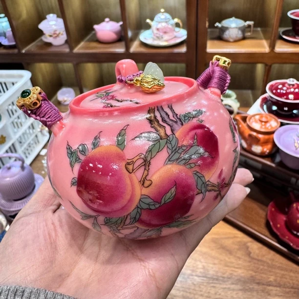 粉色猪油冻九桃提溜壶高档泡茶壶国潮风陶瓷功夫茶具A11264