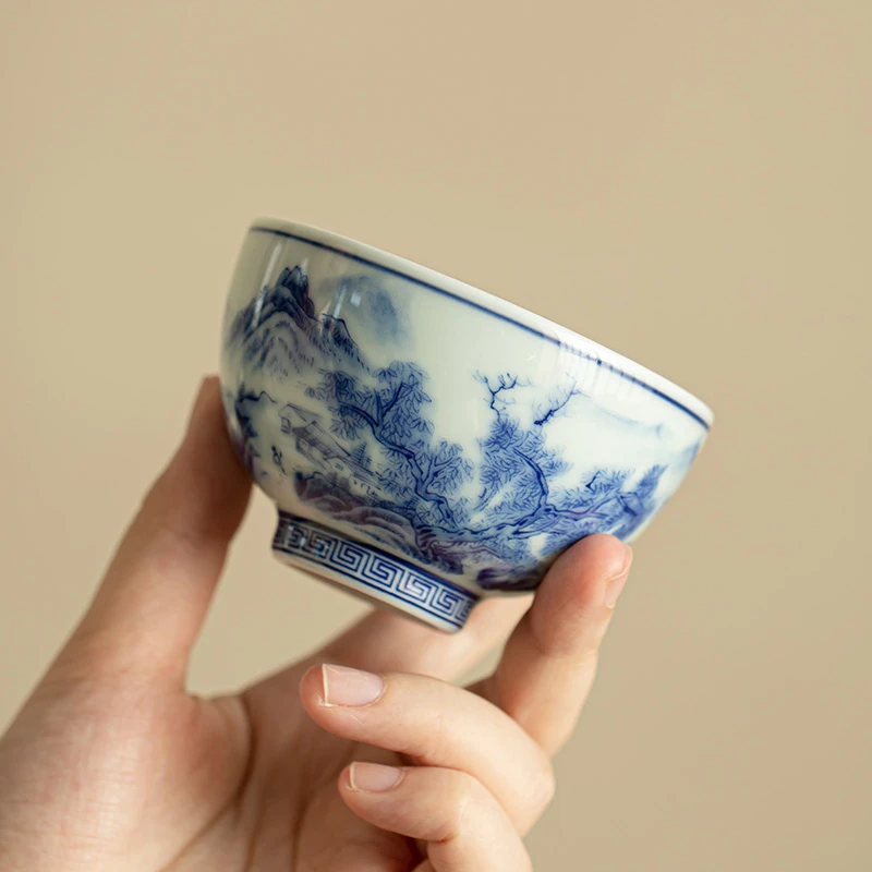 仿古青花山水主人杯茶杯单杯家用功夫茶具陶瓷品茗杯 A8538