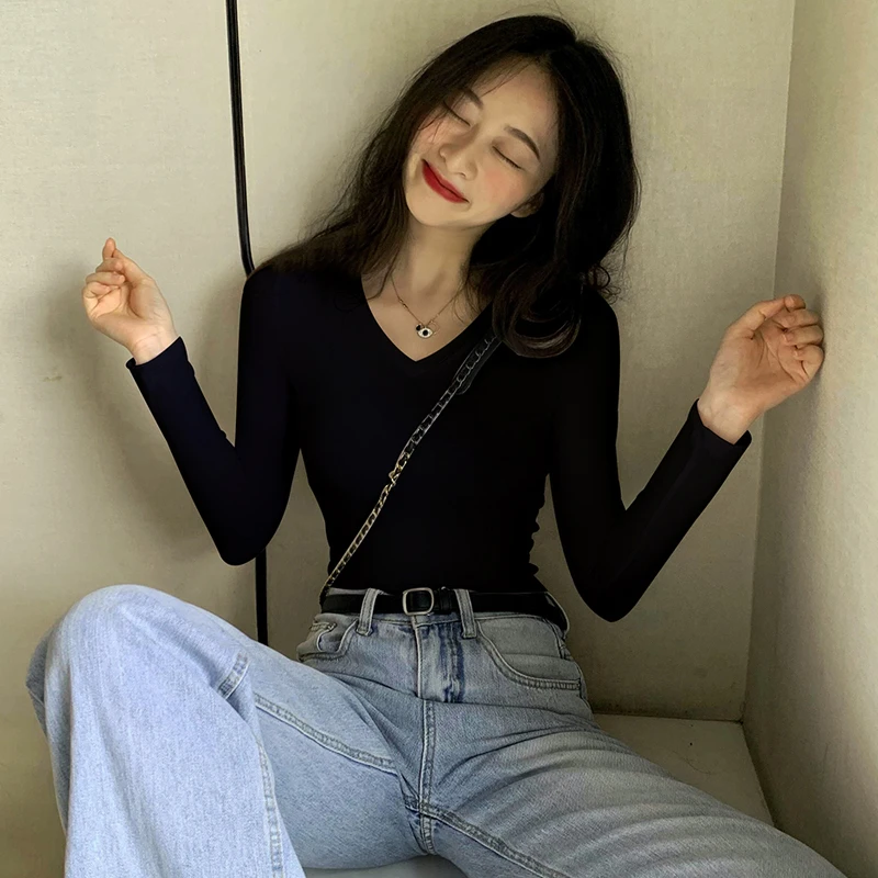 黑色V领打底衫女春秋内搭修身加绒显瘦可外穿洋气上衣冬季打底衣