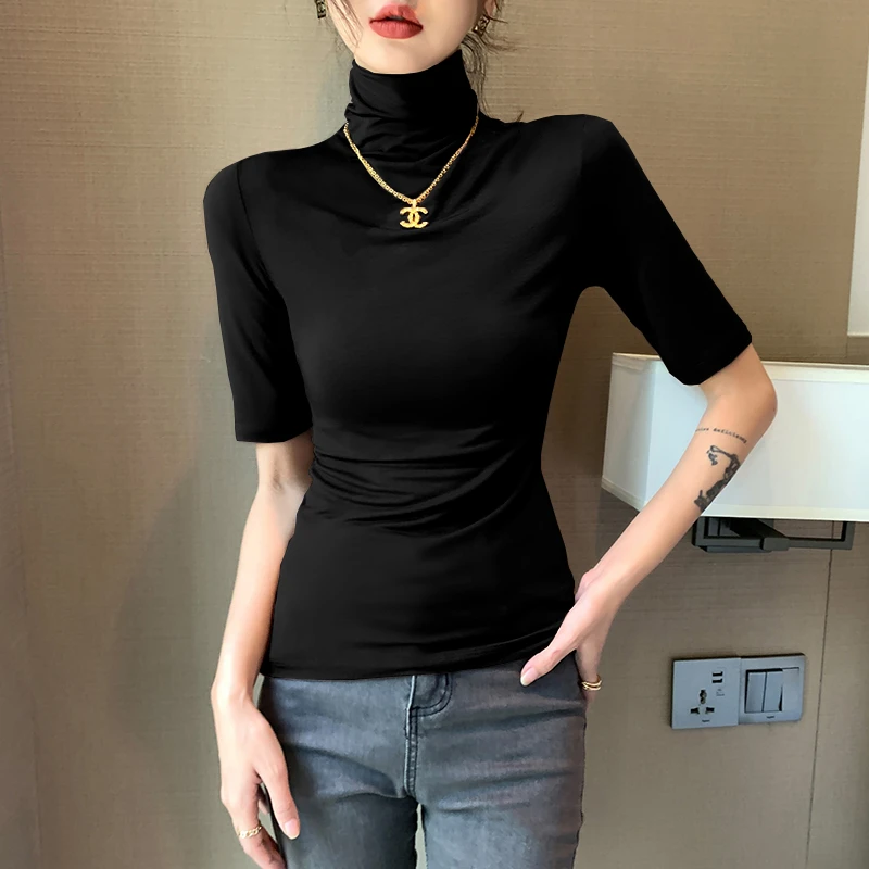 薄款高领打底女春夏季内搭黑色显瘦气质洋气百搭中袖t恤纯色上衣