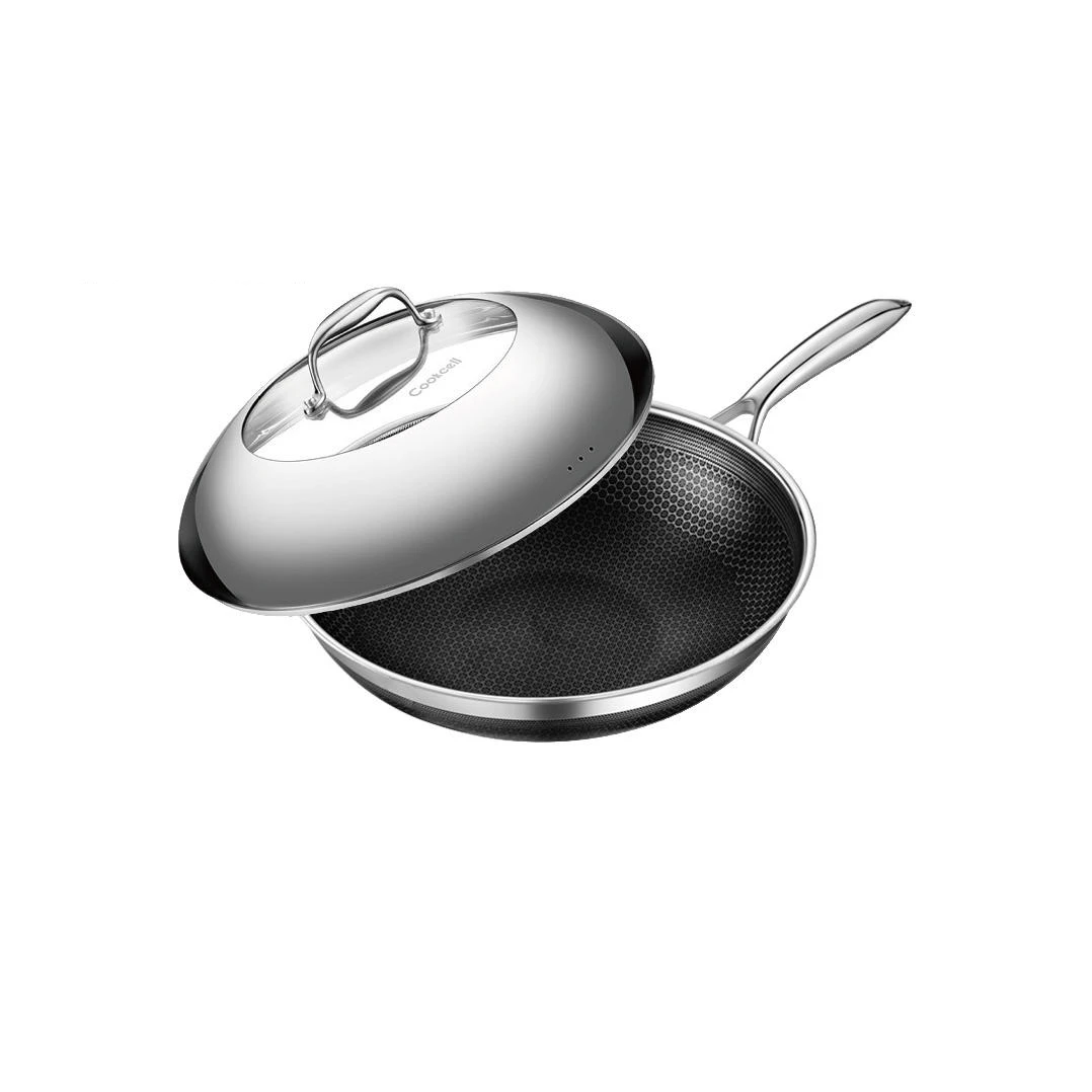 【COOKCELL热卖】高聚能蜂窝不锈钢炒锅不粘双面花纹平底锅