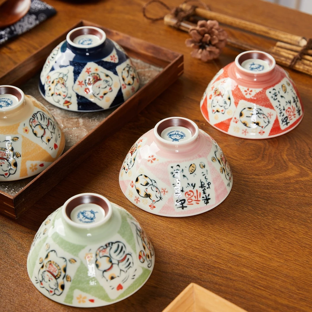 招福三花猫日式釉下彩卡通陶瓷饭碗日式陶瓷米饭碗颜值餐具五入碗