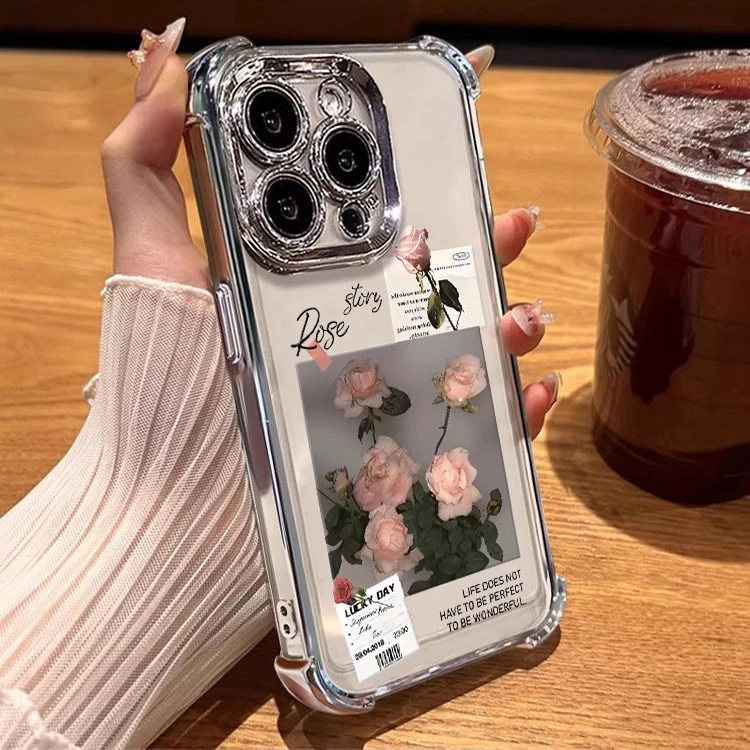 四角电镀简约玫瑰适用苹果16手机壳iphone15华为oppo小米vivo防摔