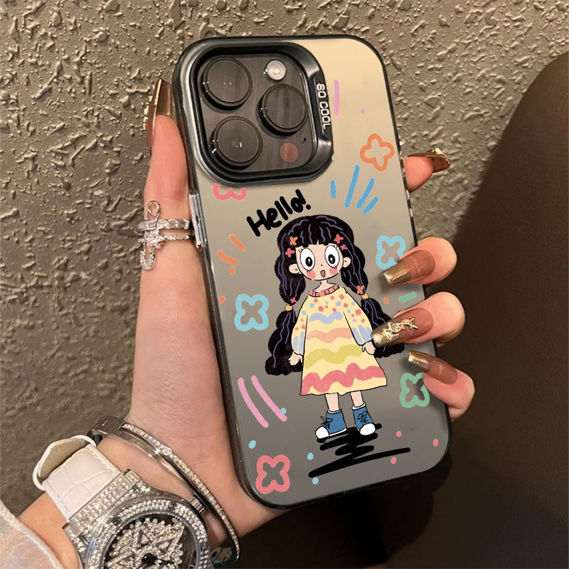 适用【苹果】 彩银卡通女孩手机壳创意全包网红潮牌ins女简约卡通女
