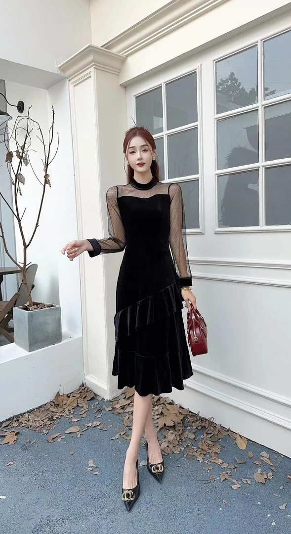 【OSM】2024秋季新品高端时尚气质金丝绒收腰显瘦连衣裙
