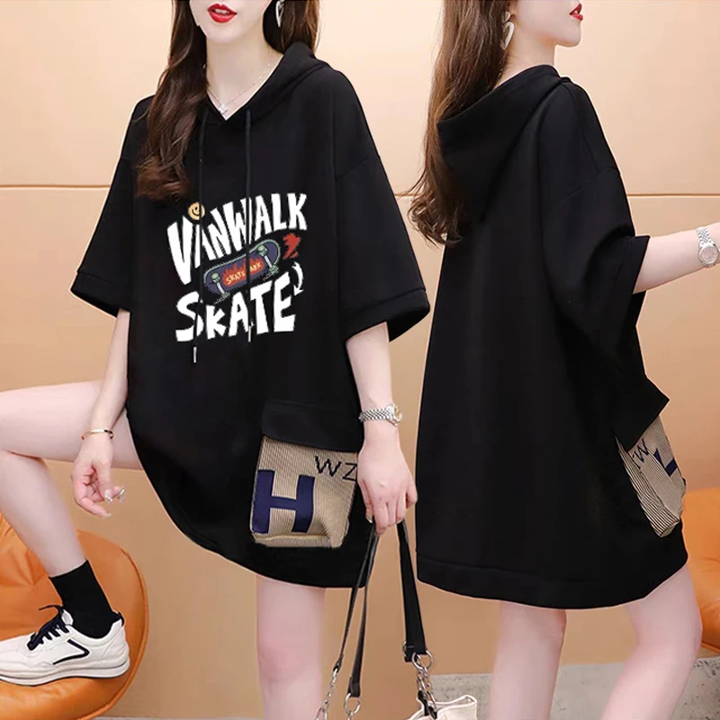 大版T恤女款夏装薄款韩版宽松大码胖mm遮肉休闲显瘦连帽短袖上衣