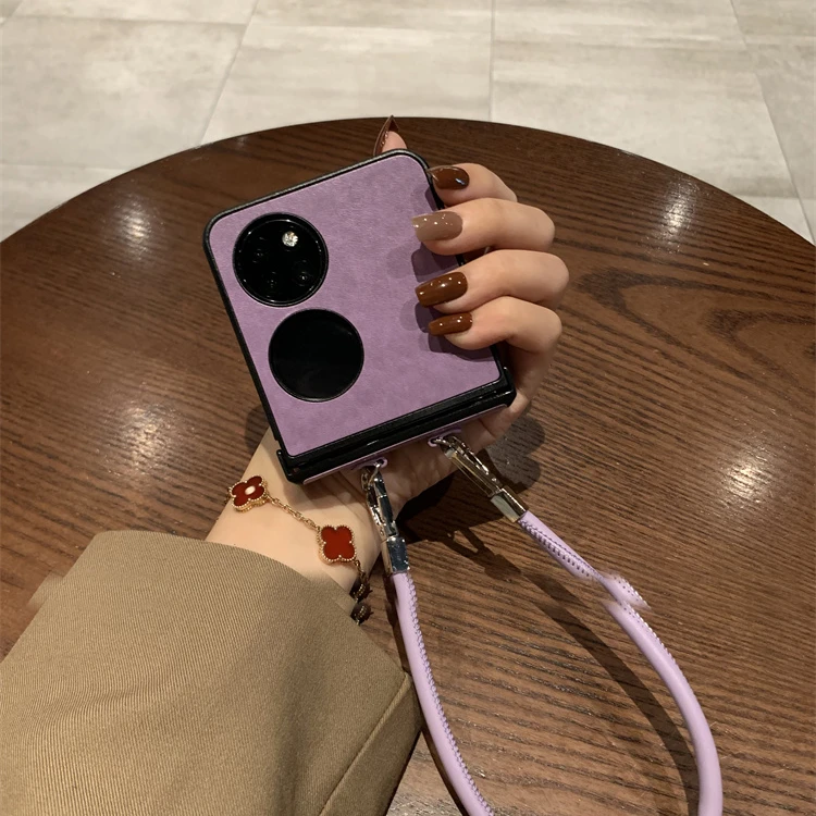 小清新紫爱心皮质手提链适用华为pocket2手机壳p50pocket/pockets