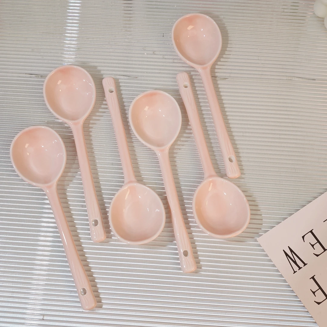 【6支装】奶油粉小勺子釉下彩陶瓷餐具长柄勺