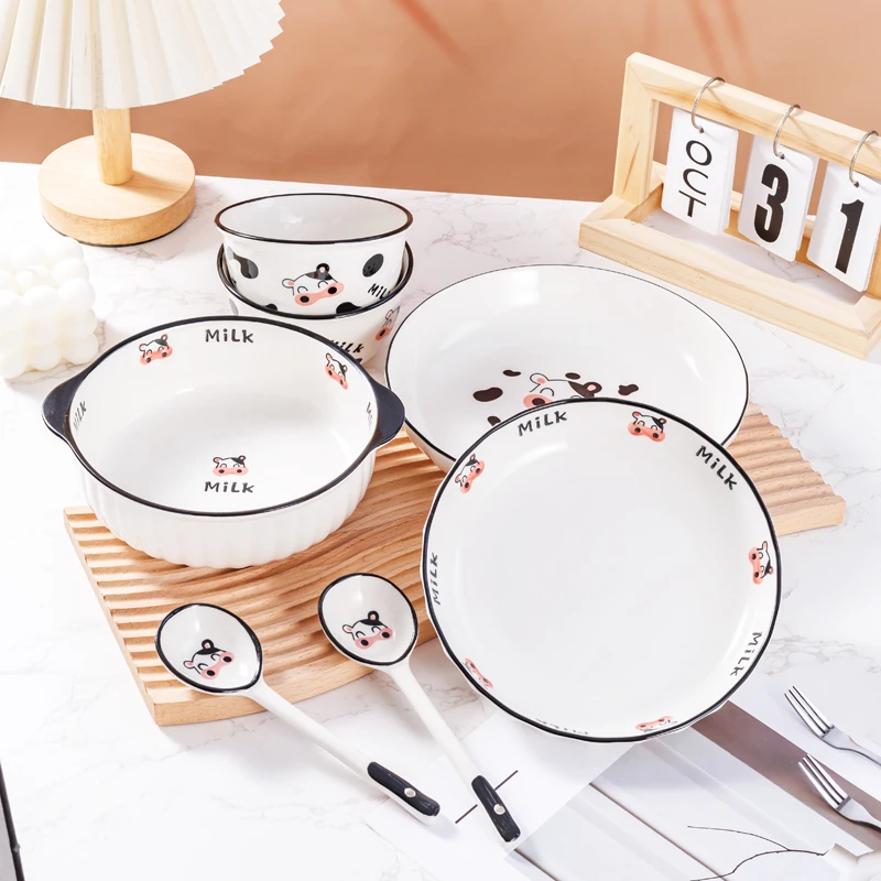 【省钱风餐具】【7件套】奶牛汤碗深盘米饭碗碗勺陶瓷碗陶瓷餐具套装