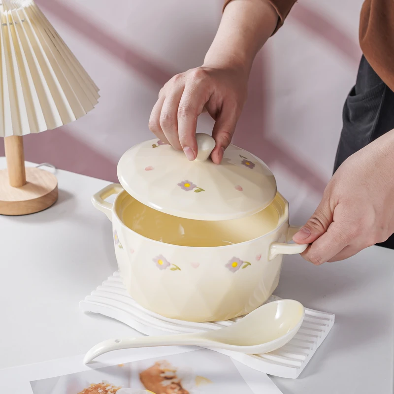 大汤锅奶油风紫藤花双耳汤锅带盖陶瓷家用大容量汤碗