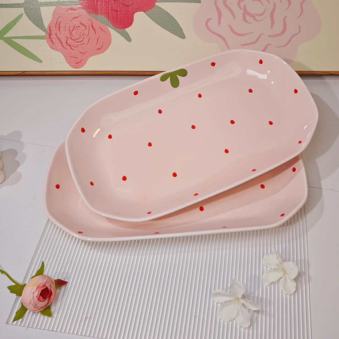 【1个装】粉嫩草莓釉下彩12英寸鱼盘