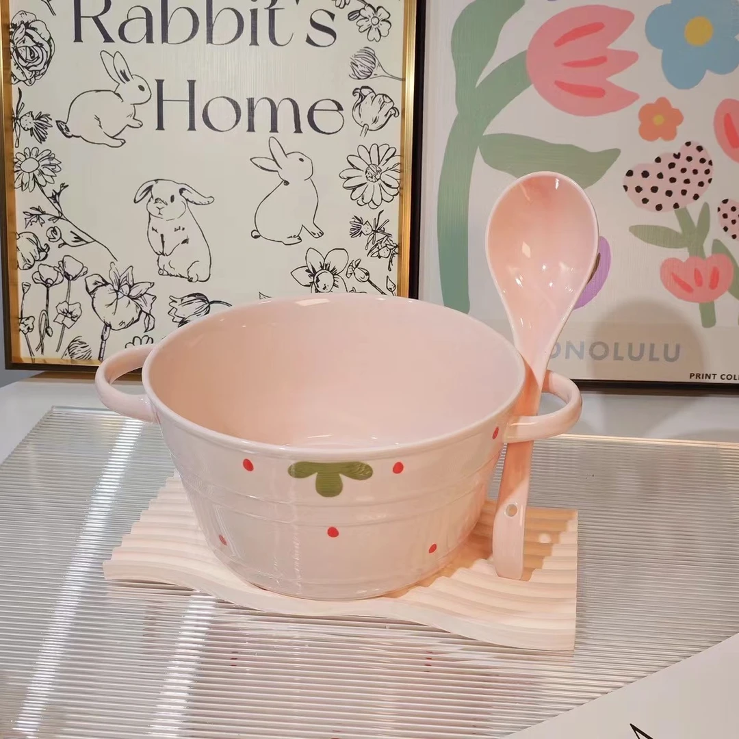 【大汤锅+大勺】粉嫩草莓双耳汤锅带盖陶瓷家用大容量汤碗