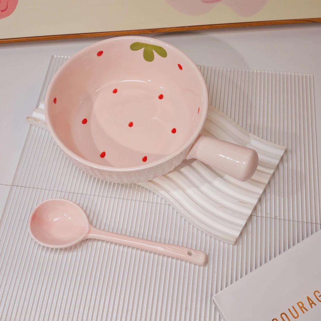 【手把碗+勺】粉嫩草莓釉下彩手把碗米饭碗汤碗勺餐具