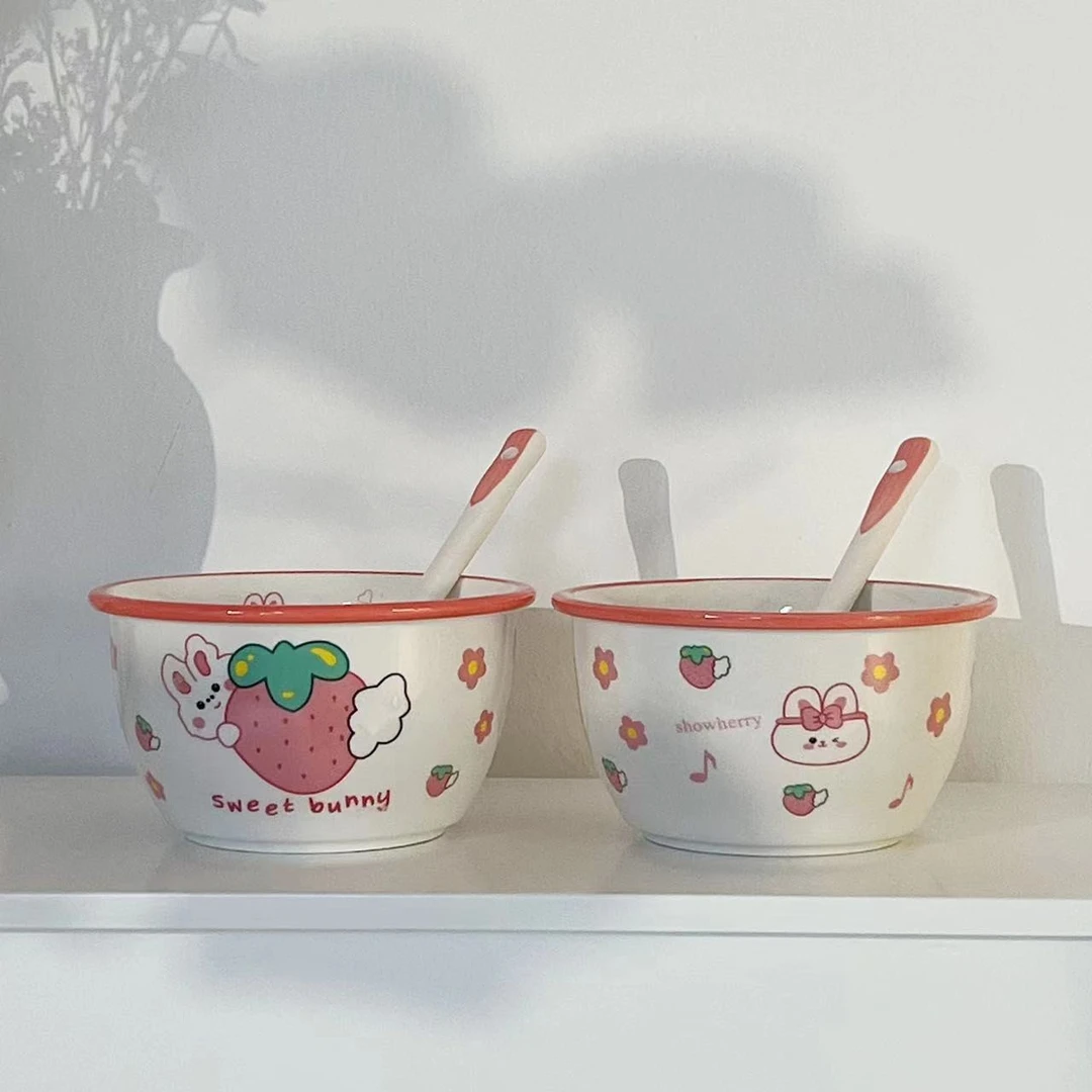 【省钱风餐具】2碗2勺陶瓷草莓兔米饭碗面碗汤碗甜品勺家用餐具