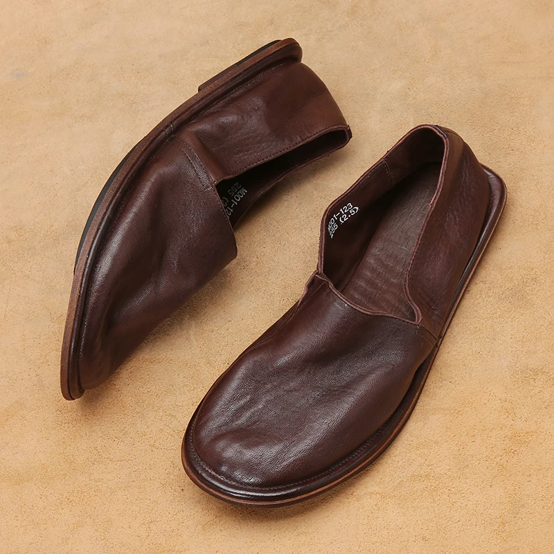 BRIGHT FEATHER男士渔夫鞋马皮圆头懒人鞋夏季一脚蹬软底真皮百搭