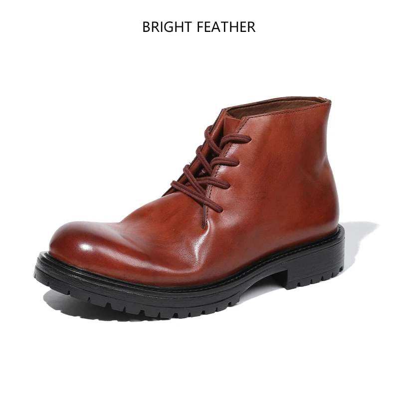 BRIGHT FEATHER  新款水洗马皮沙漠靴男士真皮高帮皮靴时尚英伦风