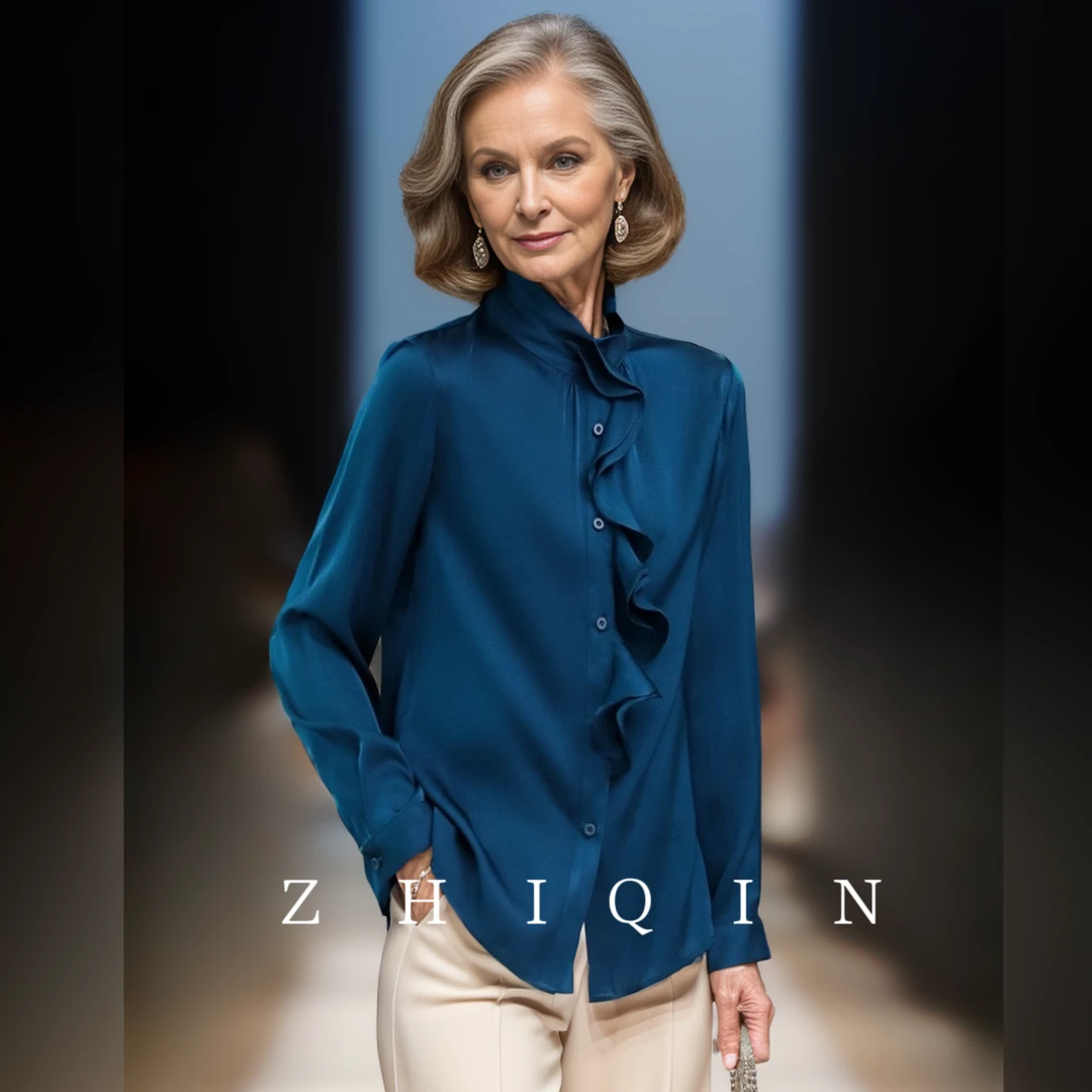深邃蓝韵·知性真丝的艺术绽放 真丝荷叶边长袖深蓝色衬衫气质时尚