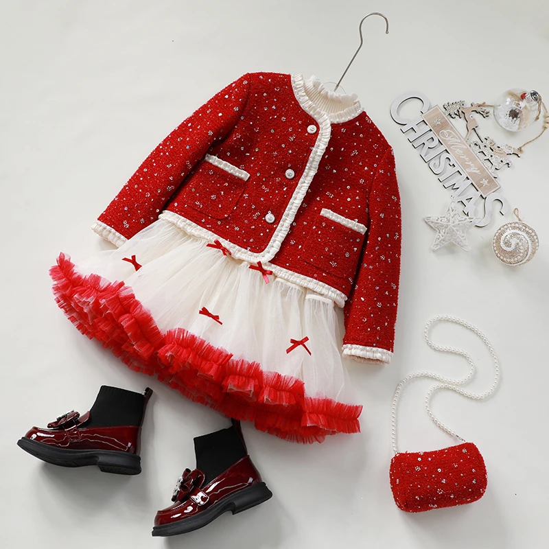 童一密度【樱桃红】女童小香风秋冬圣诞连衣裙外套两件套T214A/B