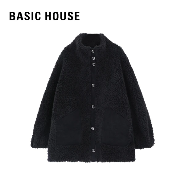 Basic House/百家好2024秋冬新款黑色高领毛绒绒外套 B0823B52132
