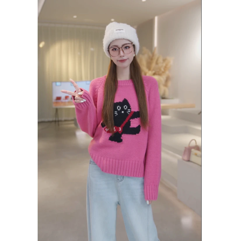 Basic House/百家好秋冬新款韩版小猫时尚针织毛衣 B0824B5J672