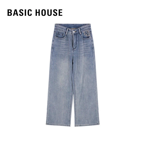 Basic House/百家好24秋冬新款百搭加绒直筒牛仔裤 B0824B5J882