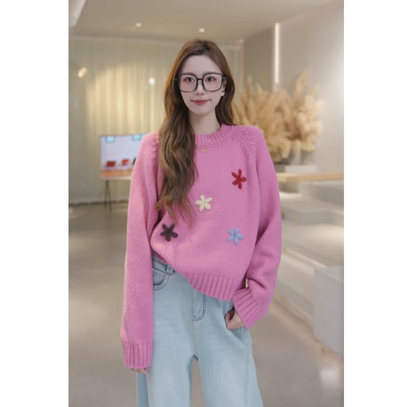 Basic House/百家好秋季新款彩色花时尚针织毛衣 B0824B5H972