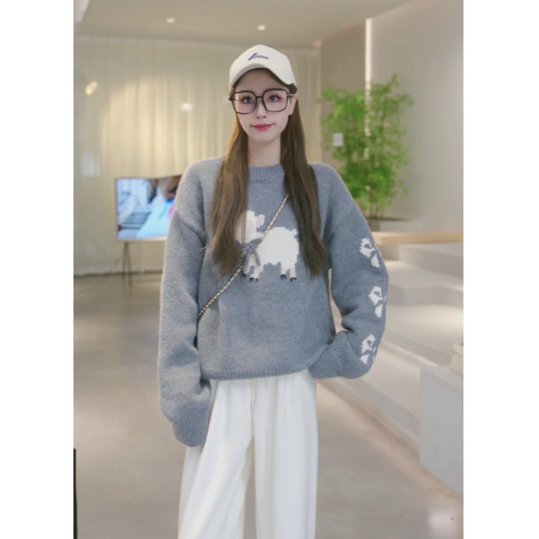 Basic House/百家好秋季新款设计感小羊时尚针织毛衣 B0824B5D602