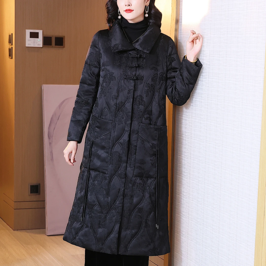 妈妈羽绒服2024新款冬季新中式女装中年重工提花香云纱鹅绒服气质