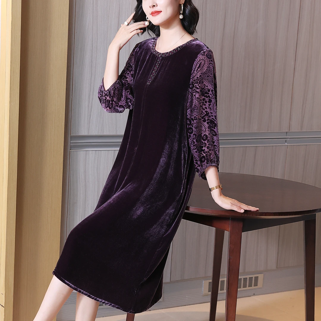 真丝绒优雅气质连衣裙大码女装轻奢高端秋冬新款桑蚕丝女士裙子