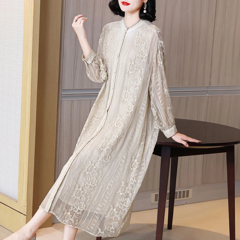 桑蚕丝真丝连衣裙妈妈品牌女装显瘦2023新款杭州重工中年气质裙子