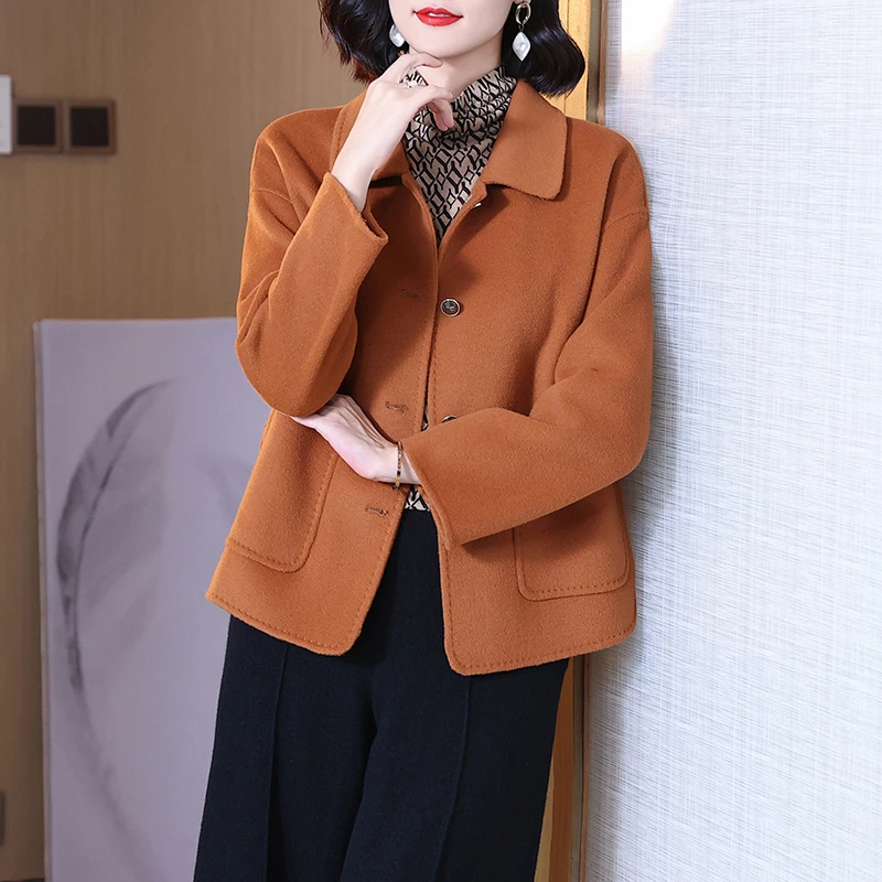 品牌双面羊毛大衣2023冬季新款妈妈装小个子显高显瘦短款呢子外套