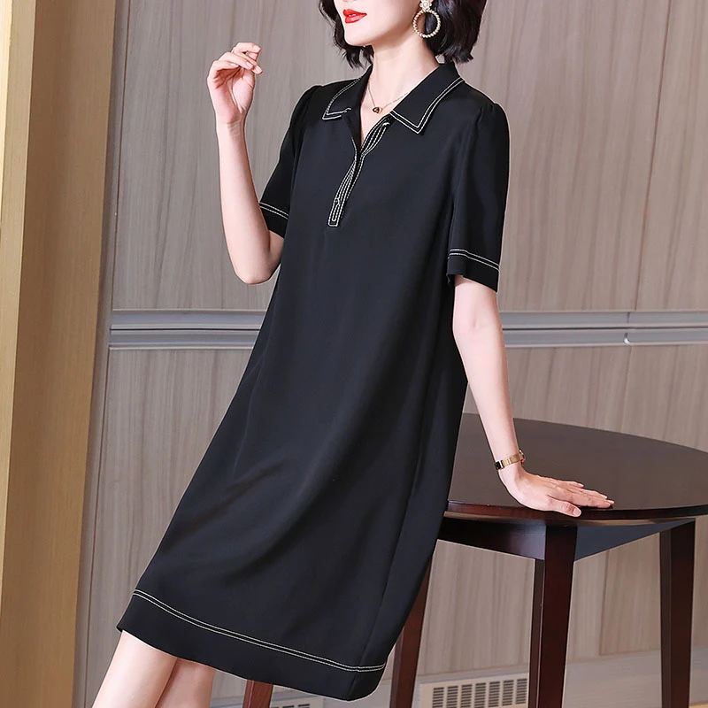 真丝连衣裙女奢华简约短袖夏季妈妈中长款杭州黑色桑蚕丝a字裙子