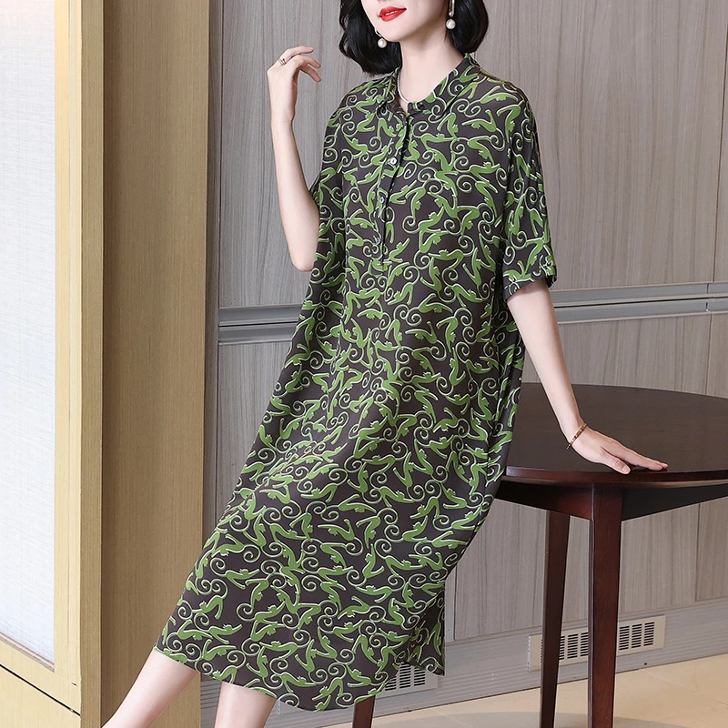 真丝桑蚕丝大码别致连衣裙胖mm巨显瘦遮肉女装妈妈夏季印花中长裙