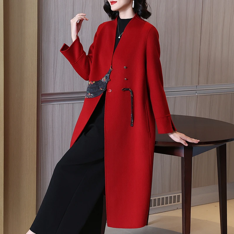 香云纱拼接羊毛呢子大衣本命年女装新款高级感气质秋冬龙年外套