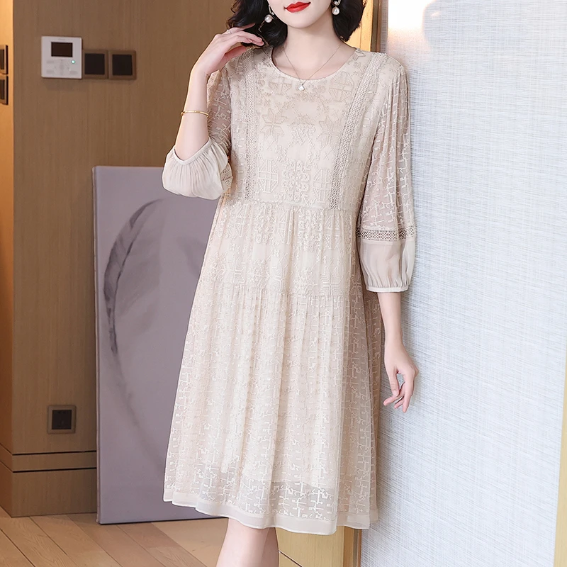 洛玺曼真丝连衣裙高级轻奢女装夏季宽松时尚桑蚕丝刺绣气质裙子