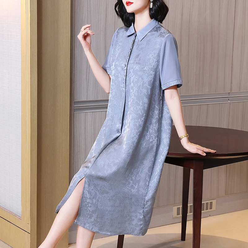 时尚高端大气上档次连衣裙桑蚕丝妈妈装夏季显瘦真丝衬衫裙女式