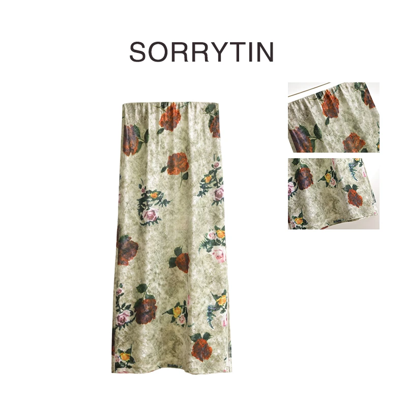 《可可西》思家高品质 油画感复古玫瑰印花 金丝绒松紧腰A字半身