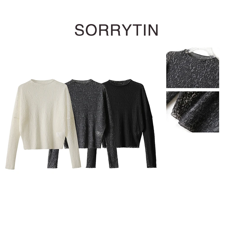 《微醺》SORRYTIN 早春洋气在线 半高领微透薄款进口针织蕾丝上衣
