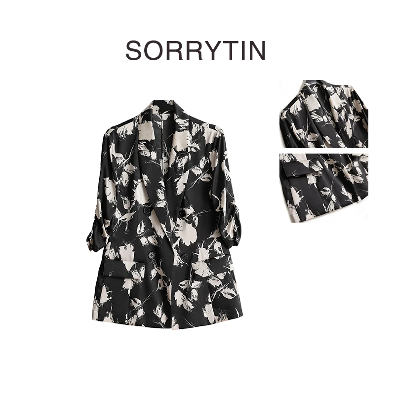 《白黛黑》SORRYTIN 奢侈品水墨花 23姆米重磅桑蚕丝西装薄外套