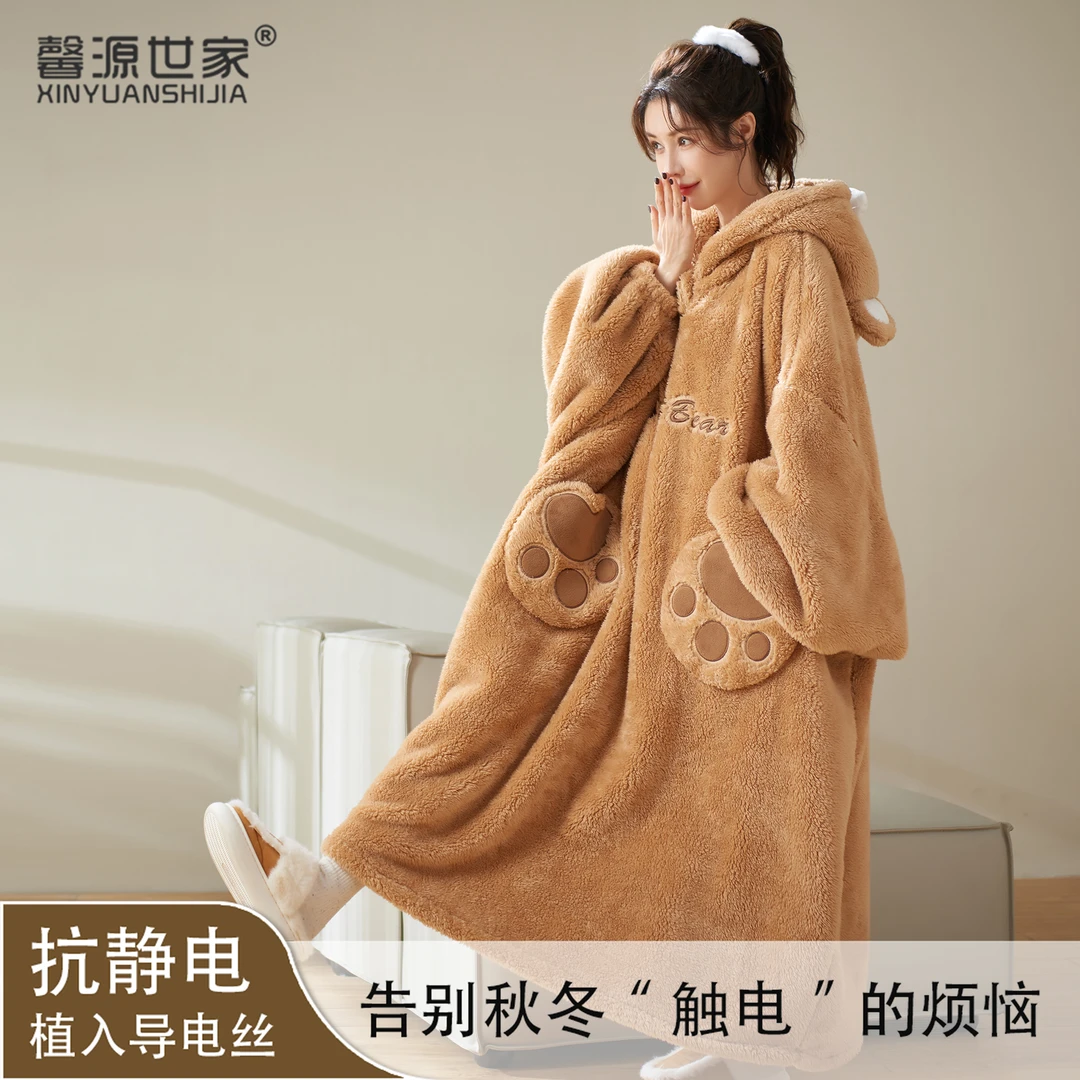 2024秋冬冬天加绒加厚爆款连帽睡袍睡裙睡衣保暖长款外出家居服