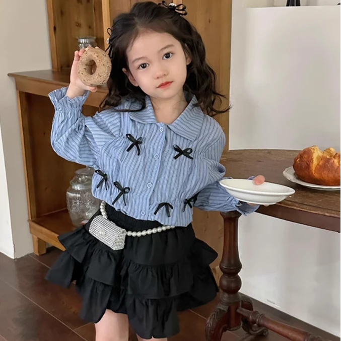 亭女童春秋学院风两件套儿童条纹衬衣甜美百褶裙公主裙洋气百搭款