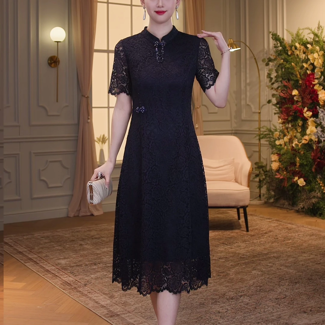 【香妮芬】83106蓝色蕾丝时尚气质妈妈连衣裙显瘦中国风中长裙